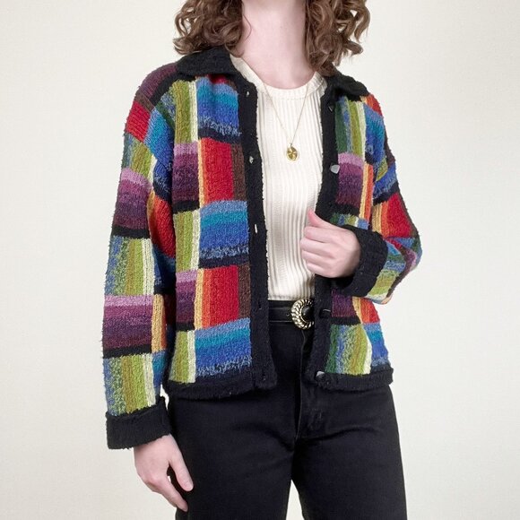 Vintage Rainbow Wool Cotton Cardigan Sweater Oversized Patchwork Eclectic Pride - Picture 5 of 8